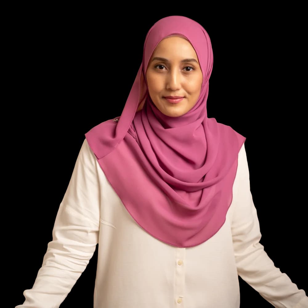 Che Nom wearing a pink hijab and a white blouse